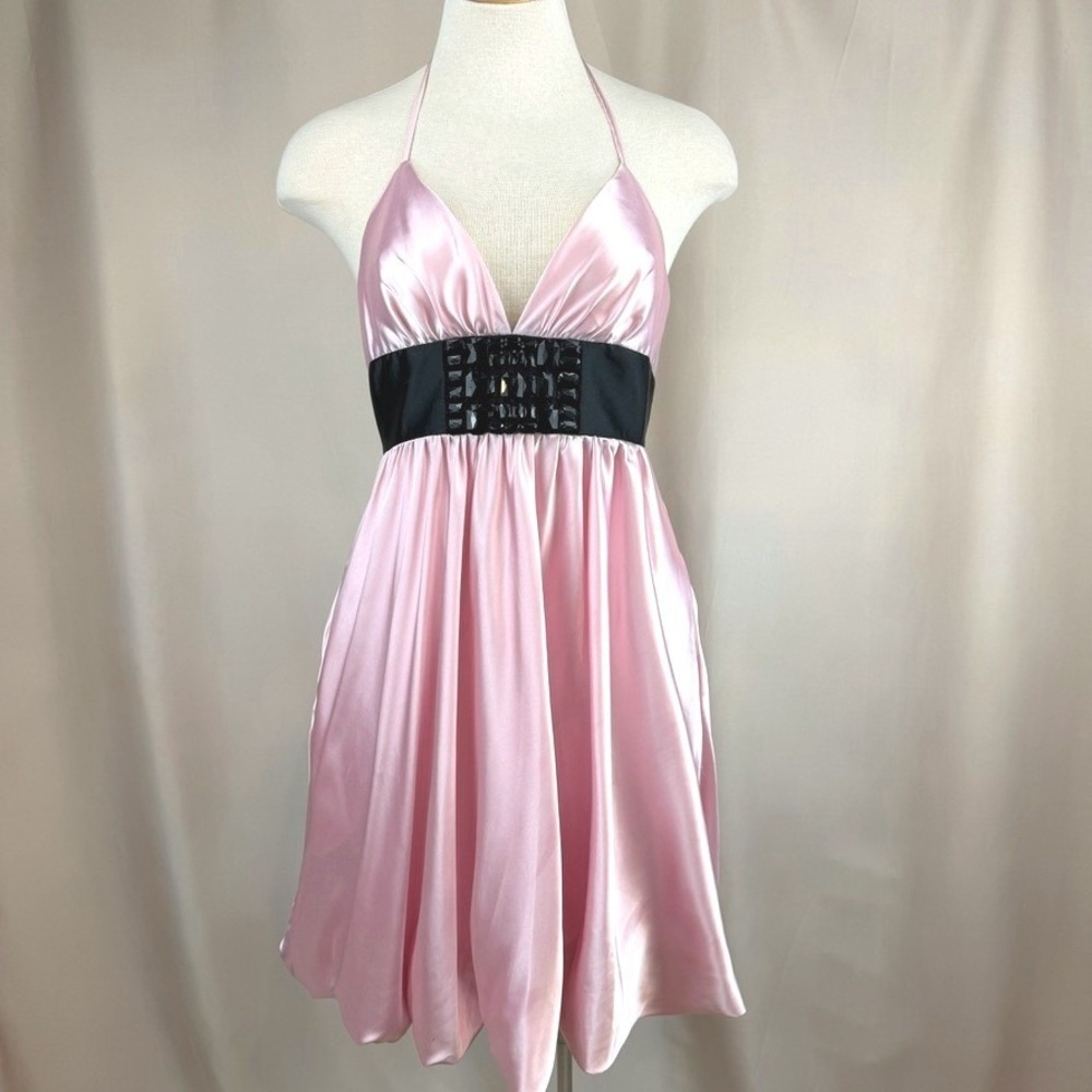 JESSICA McCLINTOCK‎ (8) Pink Satin Halter Dress Pockets Y2K Party Prom Cocktail